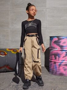 SHEIN Girls Buckle Belted Cargo Trousers - Khaki - View 5