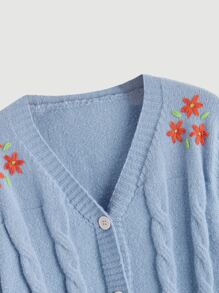 SHEIN MOD Floral Embroidery Cable Knit Cardigan - Dusty Blue - View 5