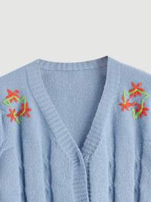 SHEIN MOD Floral Embroidery Cable Knit Cardigan - Dusty Blue - View 7
