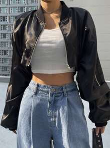 DAZY 拉鍊落肩短版飛行員夾克 - 黑色 - 查看 1