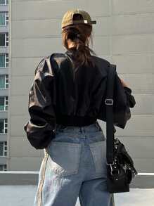 DAZY 拉鍊落肩短版飛行員夾克 - 黑色 - 查看 2