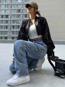 DAZY 拉鍊落肩短版飛行員夾克 - 黑色 - 查看 3