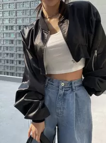 DAZY 拉鍊落肩短版飛行員夾克 - 黑色 - 查看 4