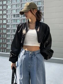 DAZY 拉鍊落肩短版飛行員夾克 - 黑色 - 查看 5