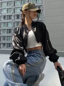 DAZY 拉鍊落肩短版飛行員夾克 - 黑色 - 查看 7