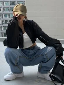 DAZY 拉鍊落肩短版飛行員夾克 - 黑色 - 查看 8