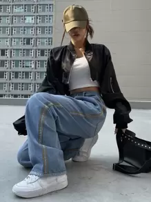 DAZY 拉鍊落肩短版飛行員夾克 - 黑色 - 查看 9