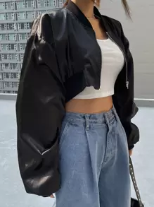 DAZY 拉鍊落肩短版飛行員夾克 - 黑色 - 查看 10