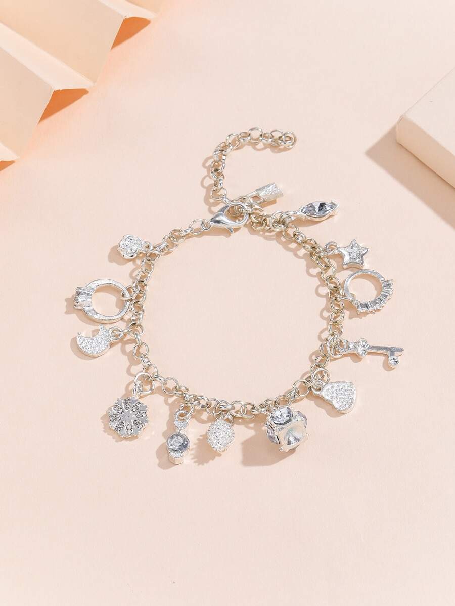 Pulsera con diamante de imitación con luna y estrella accesorio - Plateado - Ver 1