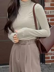 DAZY 纯色高领T恤，秋季长袖女式上衣 - 杏色 - 查看 3