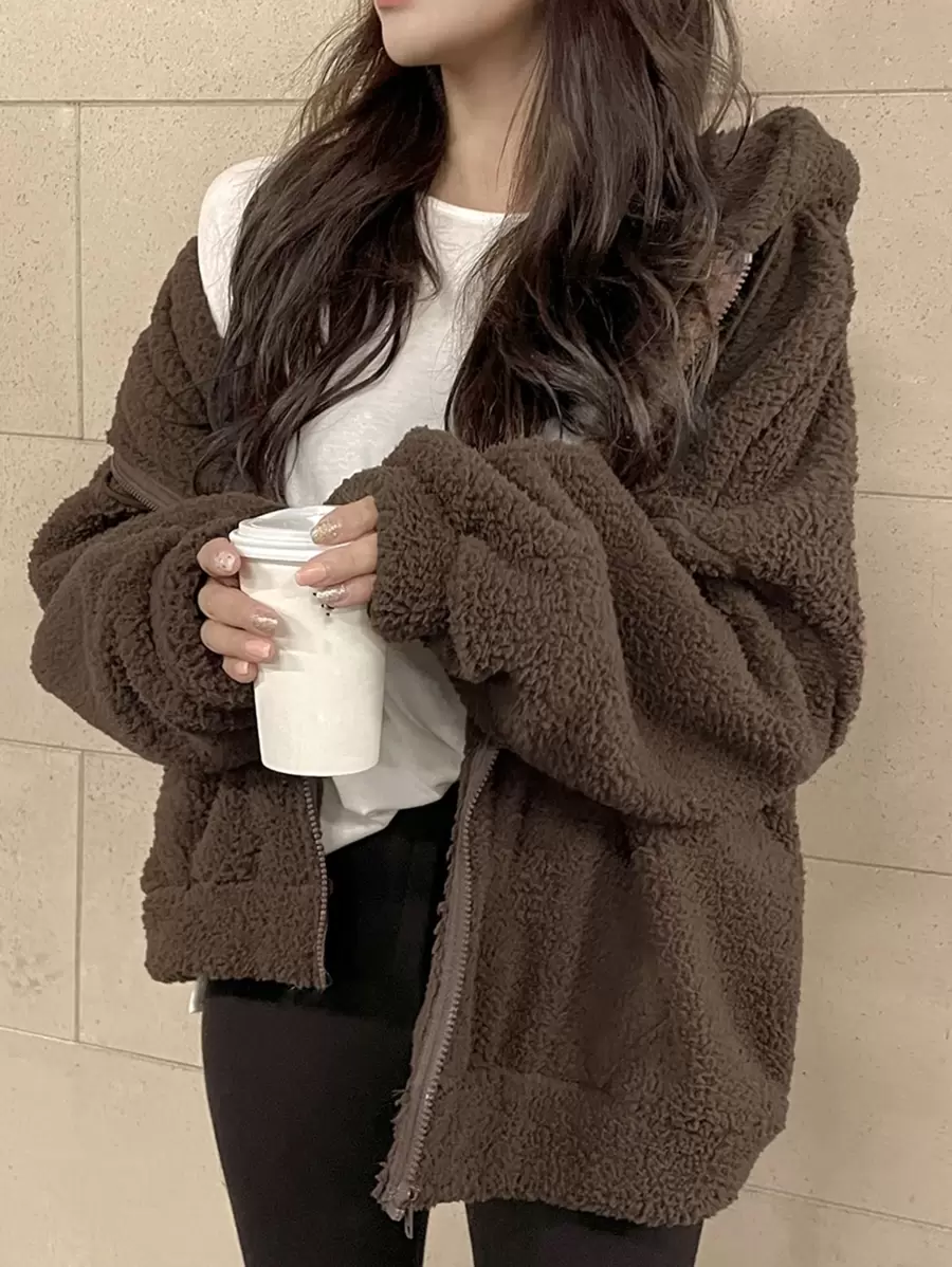 DAZY Solid Drop Shoulder Zip Up Teddy Hoodie,Ladies Late Fall Casual Drawstring,Pocket,Zipper Long Sleeve Hooded Oversized Regular Chocolate Brown Drop Shoulder Zip Up Women Hoodies,Long Sleeve Tops Sweatshirt Jacket