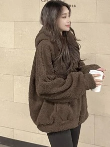 DAZY Solid Drop Shoulder Zip Up Teddy Hoodie,Ladies Late Fall Casual Drawstring,Pocket,Zipper Long Sleeve Hooded Oversized Regular Chocolate Brown Drop Shoulder Zip Up Women Hoodies,Long Sleeve Tops Sweatshirt Jacket