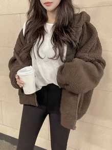 DAZY Solid Drop Shoulder Zip Up Teddy Hoodie,Ladies Late Fall Casual Drawstring,Pocket,Zipper Long Sleeve Hooded Oversized Regular Chocolate Brown Drop Shoulder Zip Up Women Hoodies,Long Sleeve Tops Sweatshirt Jacket