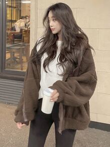 DAZY Solid Drop Shoulder Zip Up Teddy Hoodie,Ladies Late Fall Casual Drawstring,Pocket,Zipper Long Sleeve Hooded Oversized Regular Chocolate Brown Drop Shoulder Zip Up Women Hoodies,Long Sleeve Tops Sweatshirt Jacket