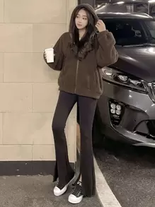 DAZY Solid Drop Shoulder Zip Up Teddy Hoodie,Ladies Late Fall Casual Drawstring,Pocket,Zipper Long Sleeve Hooded Oversized Regular Chocolate Brown Drop Shoulder Zip Up Women Hoodies,Long Sleeve Tops Sweatshirt Jacket