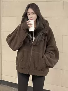 DAZY Solid Drop Shoulder Zip Up Teddy Hoodie,Ladies Late Fall Casual Drawstring,Pocket,Zipper Long Sleeve Hooded Oversized Regular Chocolate Brown Drop Shoulder Zip Up Women Hoodies,Long Sleeve Tops Sweatshirt Jacket