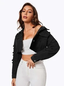 Ripped Raw Trim Flap Pocket Crop Denim Jacket - Black - View 2