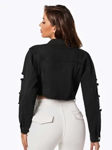 Ripped Raw Trim Flap Pocket Crop Denim Jacket - Black - View 3