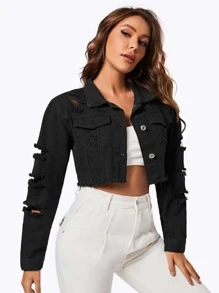 Ripped Raw Trim Flap Pocket Crop Denim Jacket - Black - View 1