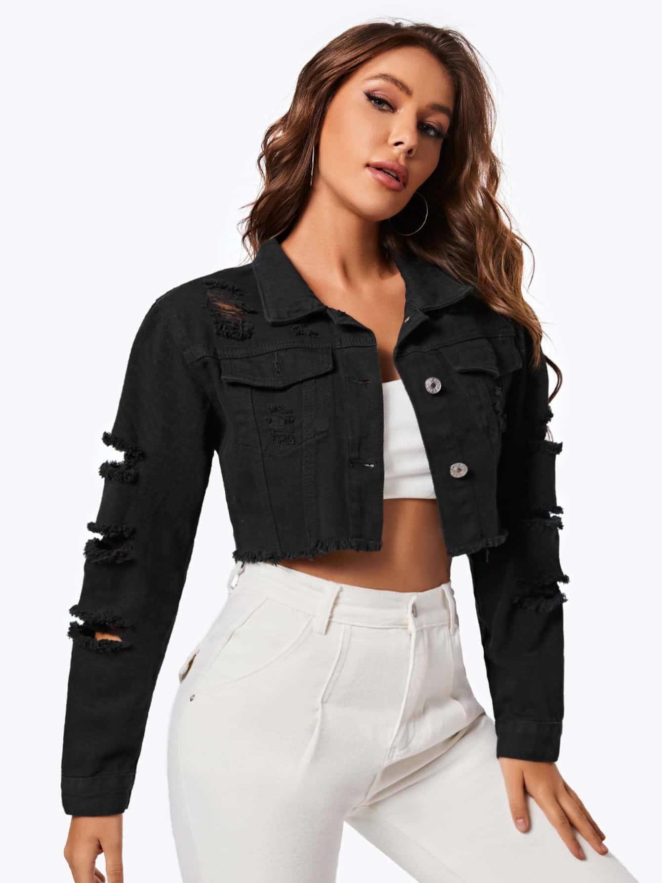 Ripped Raw Trim Flap Pocket Crop Denim Jacket - Black - View 1