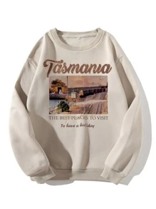 SHEIN EZwear Plus Slogan & Picture Print Thermal Pullover - Apricot - View 1