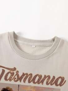 SHEIN EZwear Plus Slogan & Picture Print Thermal Pullover - Apricot - View 3