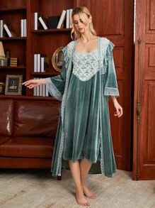Appliques Lace Panel Ruffle Trim Belted Velvet Sleep Robe & Cami Nightdress - Cadet Blue - View 7