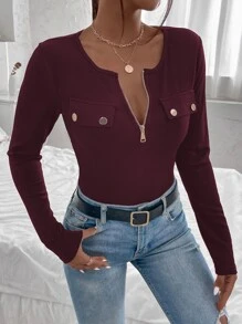 SHEIN SXY 半拉鏈翻蓋細節條紋針織T恤 - 紫紅色 - 查看 1