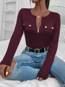 SHEIN SXY 半拉鏈翻蓋細節條紋針織T恤 - 紫紅色 - 查看 5