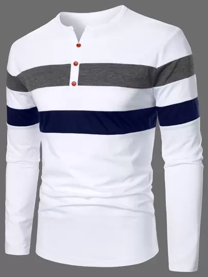 Manfinity Homme 男士修身长袖亨利衫拼色休闲简约涤纶 T 恤
