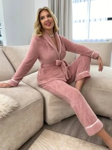 Contrast Tape Shawl Collar Belted Flannelette PJ Set - Dusty Pink - View 6