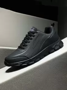 Men Black Lace-up Front Sneakers, Round Toe Running Shoes For Daily - Black - View 1