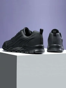 Men Black Lace-up Front Sneakers, Round Toe Running Shoes For Daily - Black - View 2