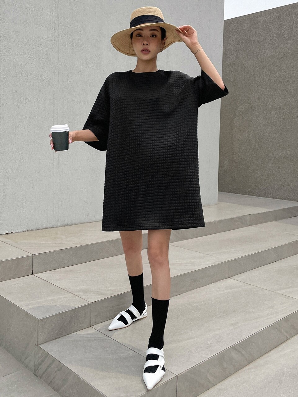 Solid Drop Shoulder Textured Dress