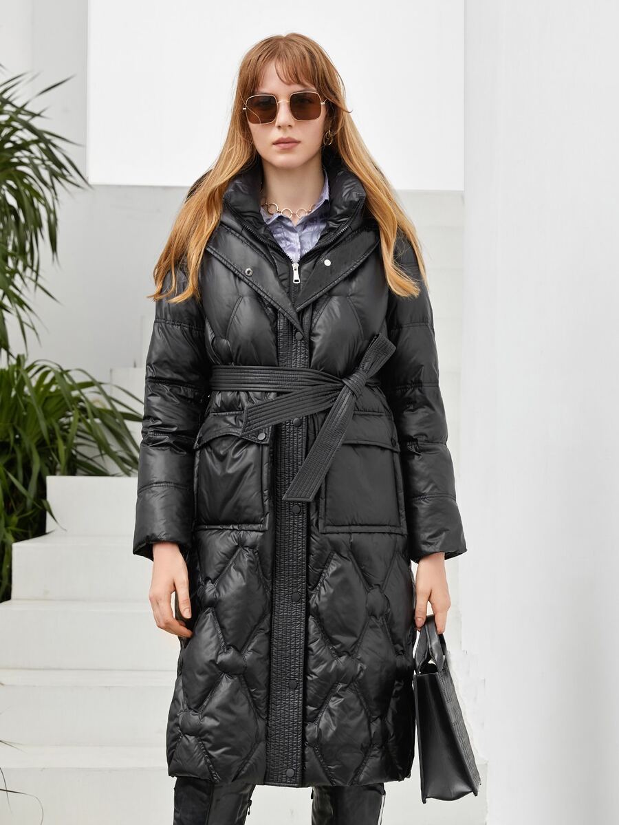 Flap Pocket Belted Hooded Padded Coat - Black - View 1
