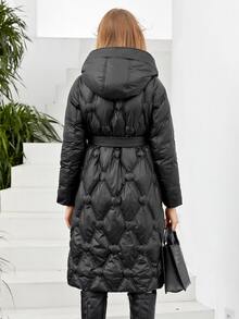 Flap Pocket Belted Hooded Padded Coat - Black - View 2