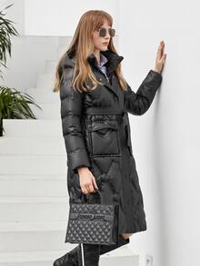 Flap Pocket Belted Hooded Padded Coat - Black - View 4