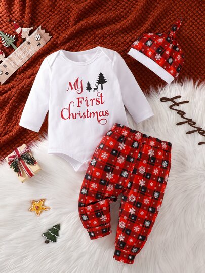 Baby Christmas Slogan And Tree Print Bodysuit & Sweatpants