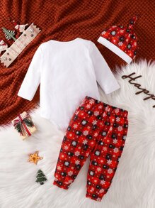 Baby Christmas Slogan And Tree Print Bodysuit & Sweatpants - Red and White - View 2