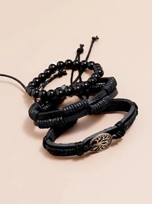 Hombres 3 piezas Pulsera con diseño de árbol & cuenta - Negro - Ver 2