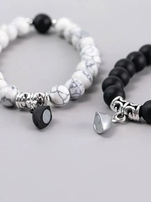 2 piezas Pulsera con cuenta pareja magnético con adorno de corazón - Blanco y Negro - Ver 2