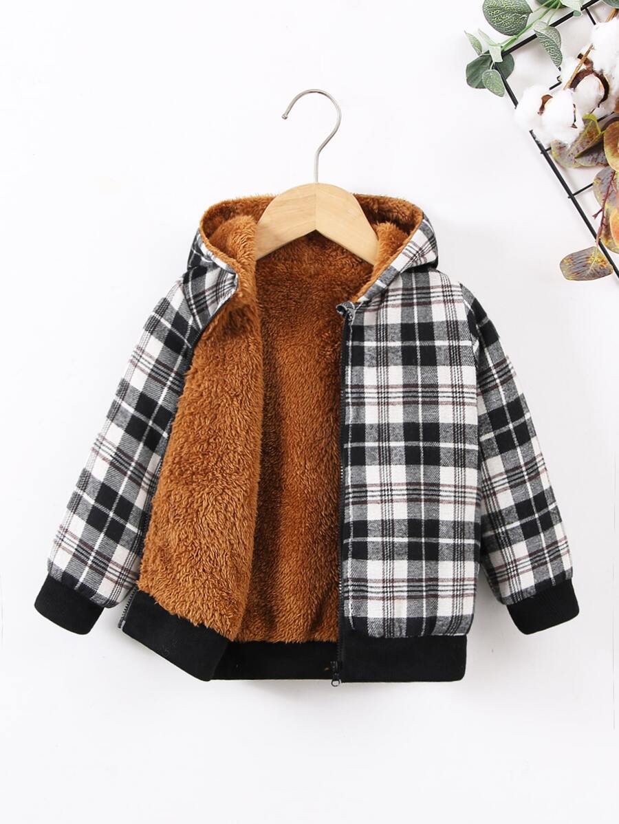小男童格紋印花毛絨內襯連帽夾克
