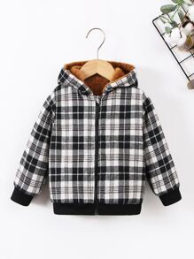 小男童格紋印花毛絨內襯連帽夾克