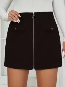 Flirla Váy Plus Size Túi Dây kéo màu trơn Giải trí - màu đen - Xem 1