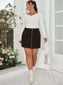 Flirla Váy Plus Size Túi Dây kéo màu trơn Giải trí - màu đen - Xem 3