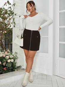 Flirla Váy Plus Size Túi Dây kéo màu trơn Giải trí - màu đen - Xem 6