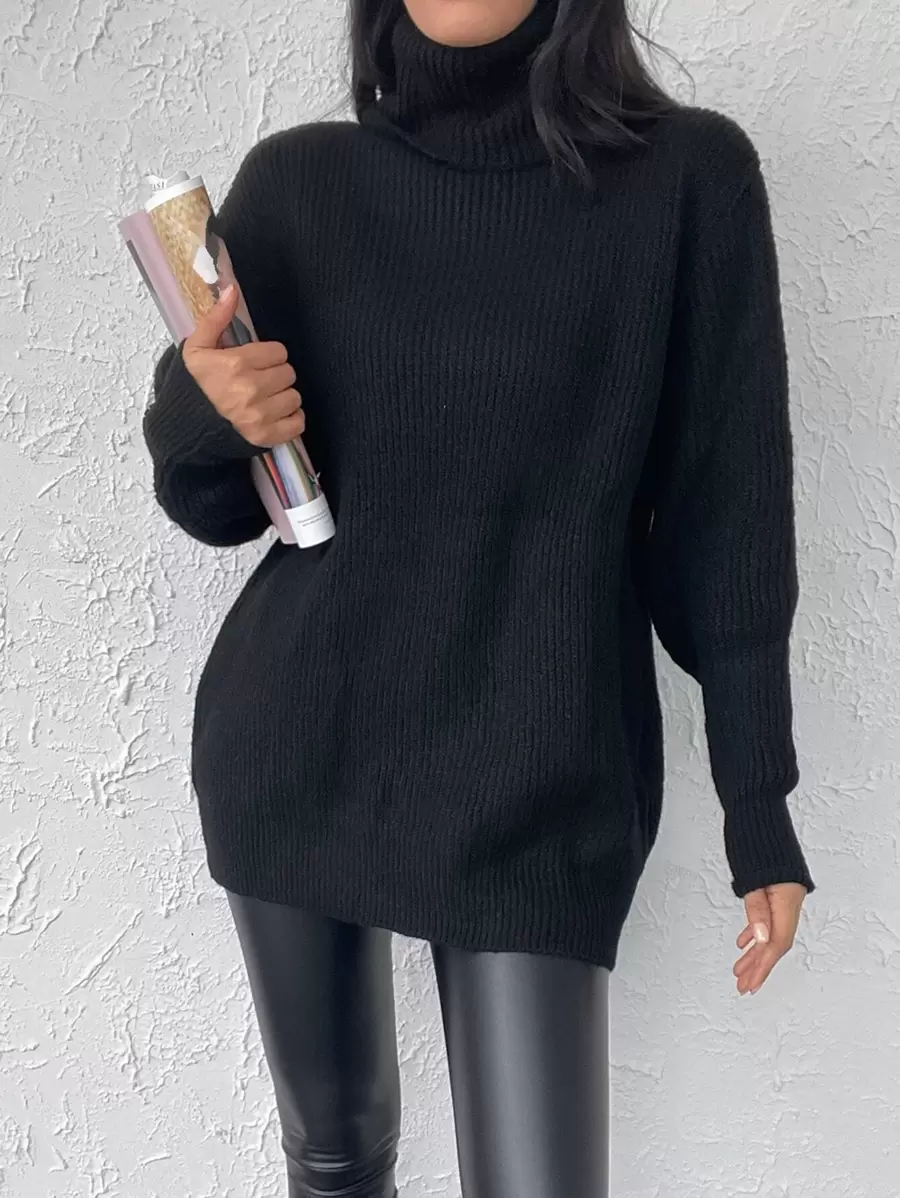 EURMUSE Turtleneck Ribbed Knit Drop Shoulder Jumper - Black - View 1