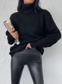 EURMUSE Turtleneck Ribbed Knit Drop Shoulder Jumper - Black - View 3