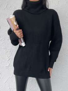 EURMUSE Turtleneck Ribbed Knit Drop Shoulder Jumper - Black - View 4