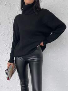 EURMUSE Turtleneck Ribbed Knit Drop Shoulder Jumper - Black - View 6